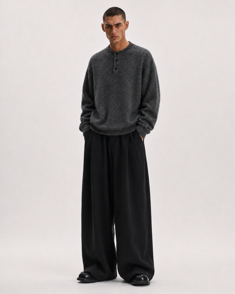 Pantalon Ample Plissé Laine Mélangée